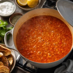 Rote Linsen koecheln mit Tomaten und Gemuesebruehe