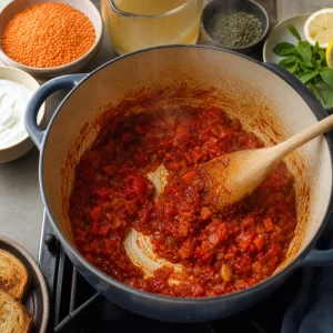 Tomatenmark und gehackte Tomaten kochen in der gewuerzten Suppenbasis