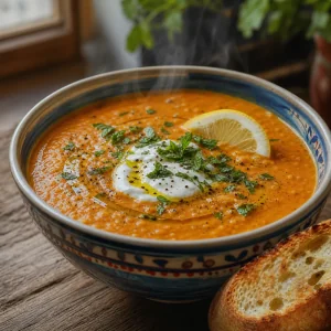 Tuerkische rote Linsensuppe serviert mit Joghurt, Minze und geroestetem Brot