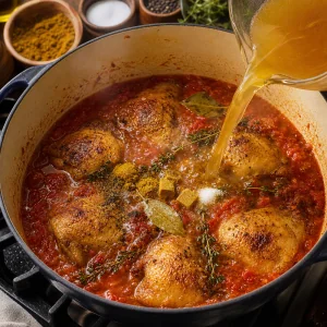 Румяная курица томится в красном соусе джолоф с бульоном, травами и лавром.