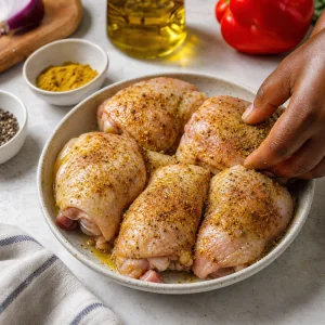 Куриные бедра с карри, перцем, солью и маслом перед приготовлением.
