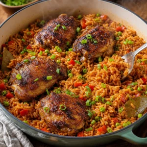 Готовый копченый джолоф подают горячим с румяной курицей, горошком и зеленым луком.