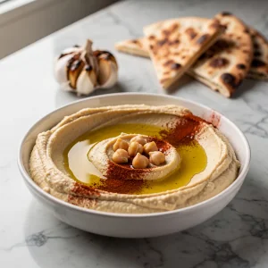 Houmous à l'ail rôti crémeux dans un bol en céramique avec un filet d'huile d'olive et du pain pita