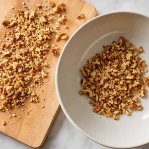 Chopped toasted walnuts in a mixing bowl