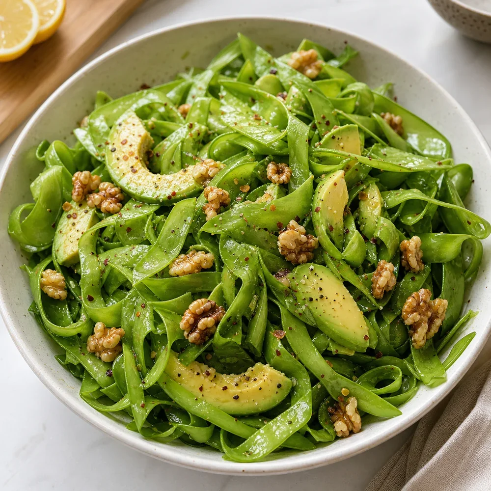Finished snow pea salad with avocado and toasted walnuts