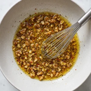 Glossy walnut dressing with a whisk in the bowl