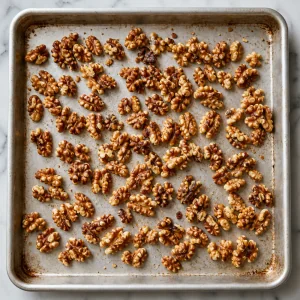 Toasted walnuts spread on a sheet pan