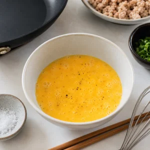 Beaten eggs with salt and pepper ready to scramble for soboro donburi