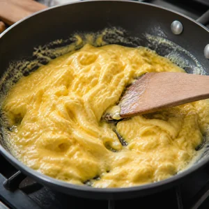 Soft creamy scrambled eggs gently folded in a skillet
