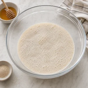 Foamy yeast mixture with warm water and honey in a mixing bowl.