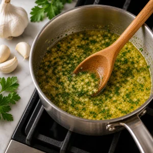 Melted garlic butter with parsley in a small saucepan.