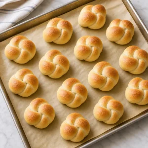 Plain baked garlic knots lightly golden on a parchment-lined sheet pan.