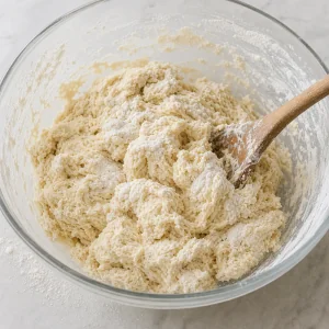 Shaggy garlic knot dough forming with flour and yeast mixture in a bowl.