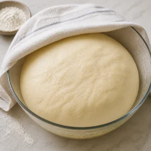Smooth risen bread dough in a greased bowl under a damp cloth.