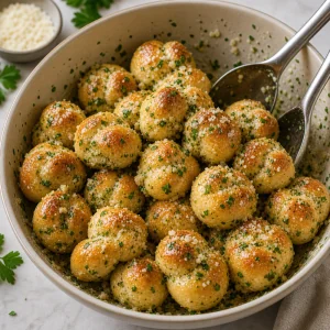 Warm garlic knots tossed with garlic butter, Parmesan, and parsley in a bowl.