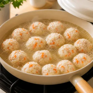 Polpette di pollo e riso in un unico strato nel brodo sobbollente