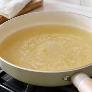 Brodo di pollo che sobbolle dolcemente con burro in una padella bassa