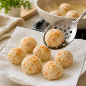Polpette di pollo e riso cotte su carta da cucina con mestolo forato