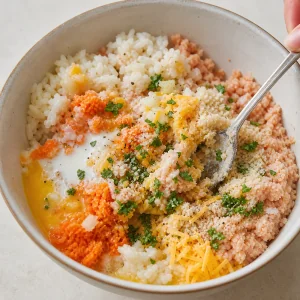 Riso, pollo macinato, carota, uovo, pangrattato ed erbe in una ciotola