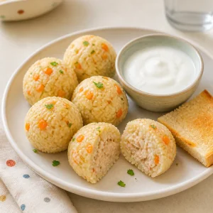 Polpette calde di pollo e riso servite con una ciotolina di yogurt bianco