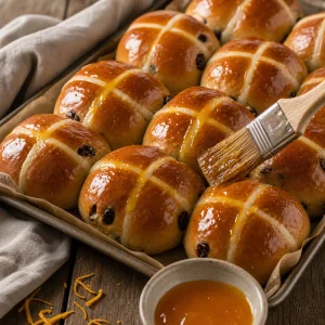 Glassa lucida all’arancia spennellata su hot cross buns caldi