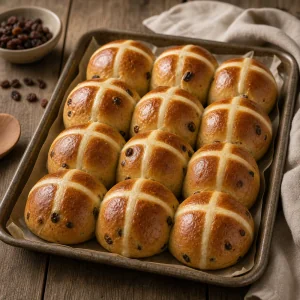 Hot cross buns dorati su una teglia con carta forno