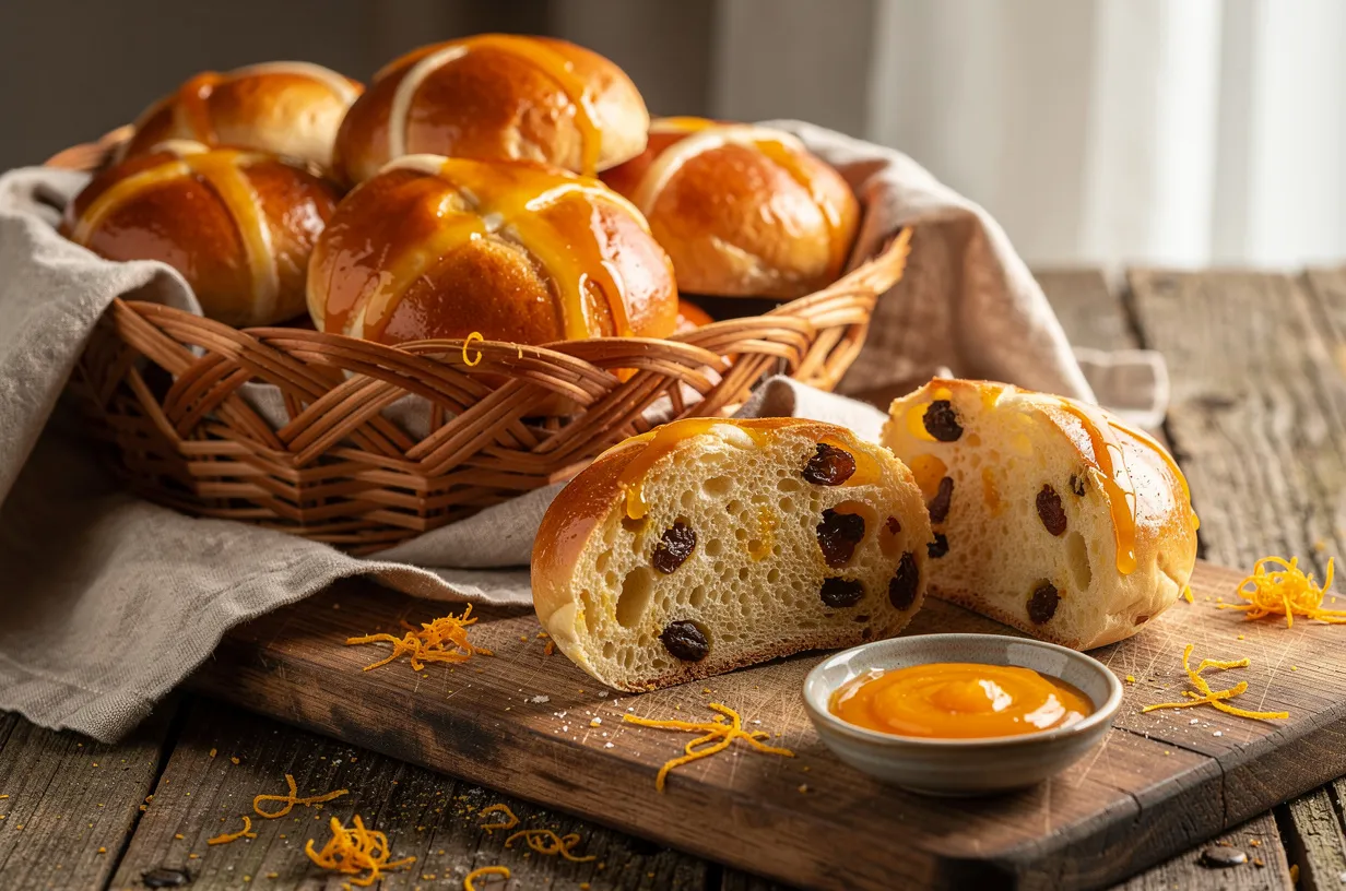 Saftige Hot-Cross-Buns mit Orangen-Glasur zum Osterfrühstück