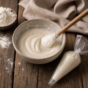 Pasta bianca densa per le croci in una ciotola con sac à poche