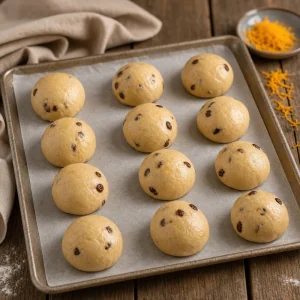 Dodici palline lisce di impasto con uvetta su carta forno