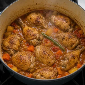 Browned chicken simmering with broth and spiced vegetables