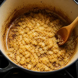 Chopped onions cooking until soft and lightly golden in the pot