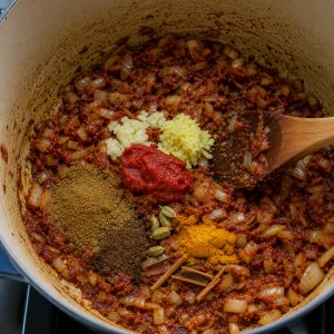 Garlic, ginger, tomato paste, and spices added to the onion base