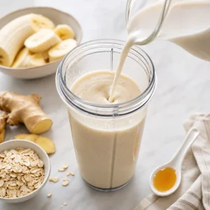 Leche de almendra vertida en un batido cremoso de plátano