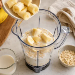 Trozos de plátano, leche de almendra y avena en una batidora