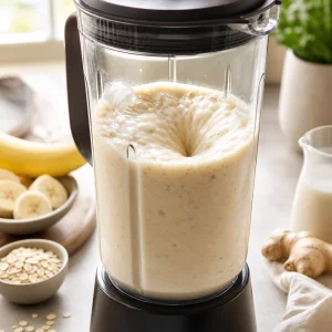 Batido cremoso de plátano y almendra mezclándose en la batidora