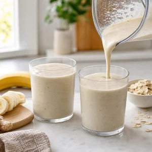 Batido de plátano y almendra terminado servido en dos vasos