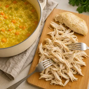 Gegartes Hähnchen mit zwei Gabeln gezupft