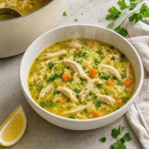 Warme Hähnchen-Reissuppe mit Petersilie