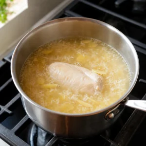 Chicken breast poaching gently in ginger rice broth