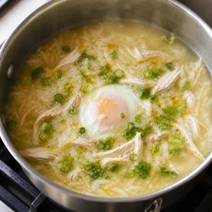 Ginger chicken rice soup finished with a soft-poached egg and sliced scallion