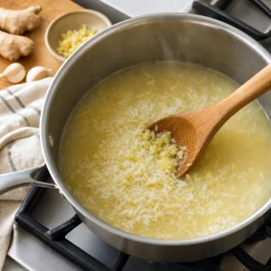 Ginger, garlic, and jasmine rice stirred into simmering chicken broth