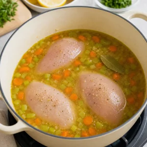 Peitos de frango no caldo com legumes