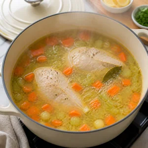 Sopa de frango a ferver suavemente com louro