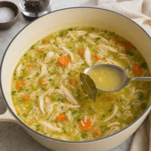 Sopa de frango e arroz temperada sem a folha de louro