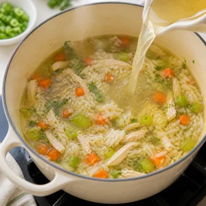 Caldo quente vertido na sopa de frango e arroz