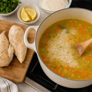 Arroz branco mexido no caldo de frango