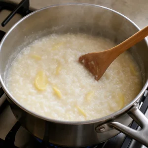 Porridge di riso cremoso che sobbolle mentre viene mescolato con un cucchiaio di legno