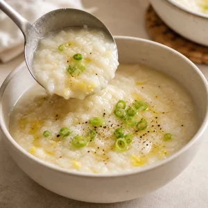 Porridge di riso allo zenzero versato in una ciotola con cipollotto