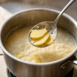 Fettine di zenzero sollevate dal porridge di riso cremoso con un cucchiaio