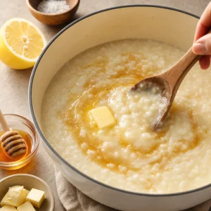 Miele, limone e burro mescolati nel porridge di riso cremoso